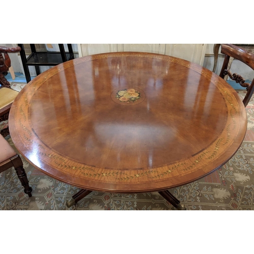 199 - DINING TABLE, the circular top with inlaid and painted floral border, 155cm W.