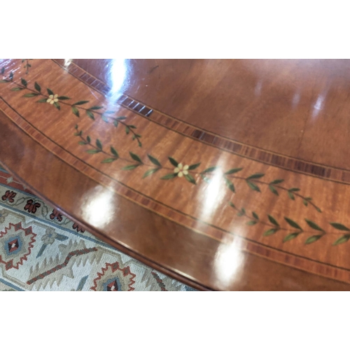 199 - DINING TABLE, the circular top with inlaid and painted floral border, 155cm W.