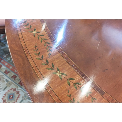 199 - DINING TABLE, the circular top with inlaid and painted floral border, 155cm W.