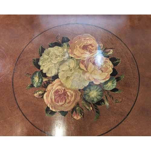 199 - DINING TABLE, the circular top with inlaid and painted floral border, 155cm W.