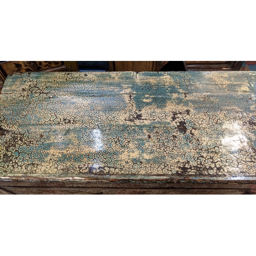 201 - CHEST, 107cm W x 40cm D x 82cm H, Chinese lacquer in distressed blue crackle finish with three drawe... 