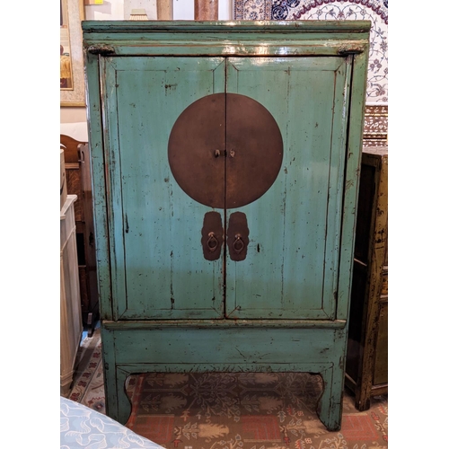 202 - BLUE CHINESE MARRIAGE CABINET, 108cm W x 177cm H x 55cm D, lacquer with two doors enclosing a shelf ... 