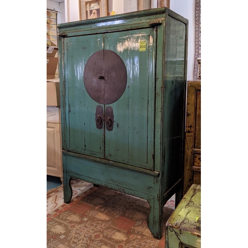 202 - BLUE CHINESE MARRIAGE CABINET, 108cm W x 177cm H x 55cm D, lacquer with two doors enclosing a shelf ... 