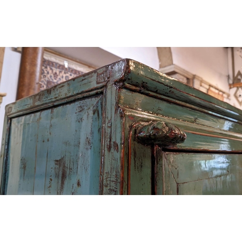 202 - BLUE CHINESE MARRIAGE CABINET, 108cm W x 177cm H x 55cm D, lacquer with two doors enclosing a shelf ... 