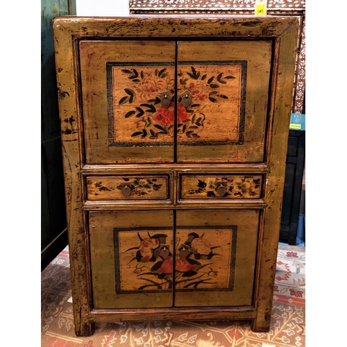 203 - GREEN CHINESE CABINET, 126cm H x 74cm x 40cm, distressed lacquer and painted with four doors and two... 