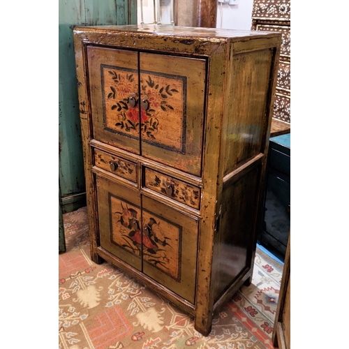 203 - GREEN CHINESE CABINET, 126cm H x 74cm x 40cm, distressed lacquer and painted with four doors and two... 