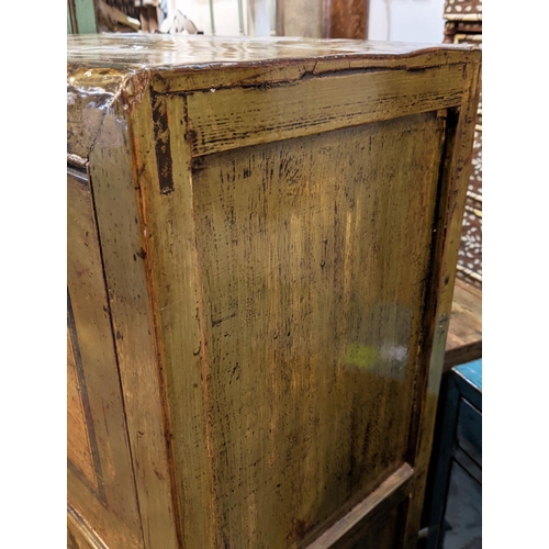 203 - GREEN CHINESE CABINET, 126cm H x 74cm x 40cm, distressed lacquer and painted with four doors and two... 