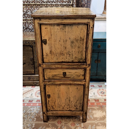 204 - NARROW CHINESE CABINET, 46cm W x 38cm D x 108cm H, distressed lacquer with two cupboards and one dra... 