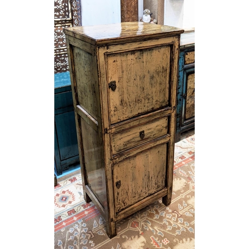 204 - NARROW CHINESE CABINET, 46cm W x 38cm D x 108cm H, distressed lacquer with two cupboards and one dra... 