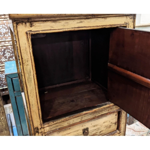 204 - NARROW CHINESE CABINET, 46cm W x 38cm D x 108cm H, distressed lacquer with two cupboards and one dra... 