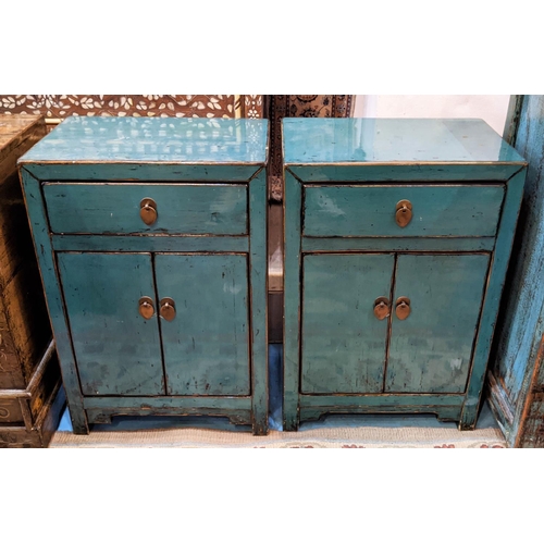 205 - BLUE BEDSIDE CABINETS, a pair, Chinese lacquer, each with a drawer and two doors, 46cm W x 30cm  D x... 