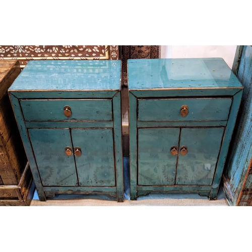 205 - BLUE BEDSIDE CABINETS, a pair, Chinese lacquer, each with a drawer and two doors, 46cm W x 30cm  D x... 