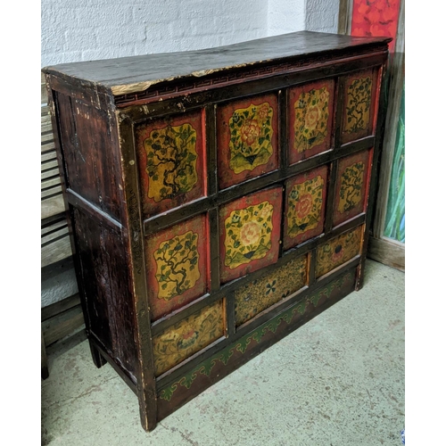 206 - TIBETAN CABINET, 40cm D x 109cm x 116cm H, 19th century red lacquer with floral detail.