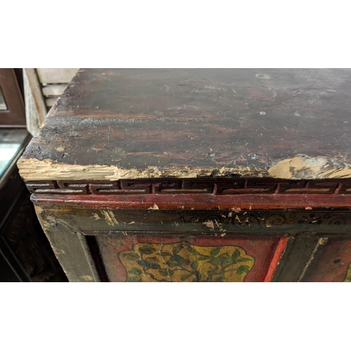 206 - TIBETAN CABINET, 40cm D x 109cm x 116cm H, 19th century red lacquer with floral detail.