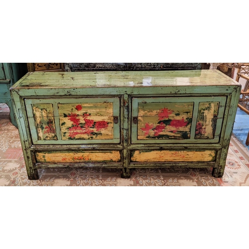 207 - SIDEBOARD, 155cm W x 40cm D x 76cm H, Chinese in an Eau De Nile distressed lacquer with floral detai... 