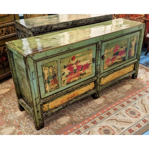 207 - SIDEBOARD, 155cm W x 40cm D x 76cm H, Chinese in an Eau De Nile distressed lacquer with floral detai... 