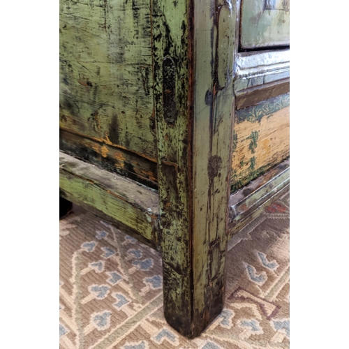 207 - SIDEBOARD, 155cm W x 40cm D x 76cm H, Chinese in an Eau De Nile distressed lacquer with floral detai... 