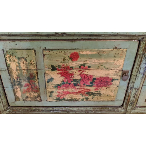 207 - SIDEBOARD, 155cm W x 40cm D x 76cm H, Chinese in an Eau De Nile distressed lacquer with floral detai... 