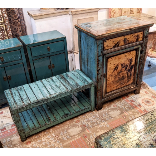 208 - DISTRESSED BLUE CHINESE SIDE CABINET, 69cm W x 89cm H x 40cm D, lacquer with door and a blue low ben... 