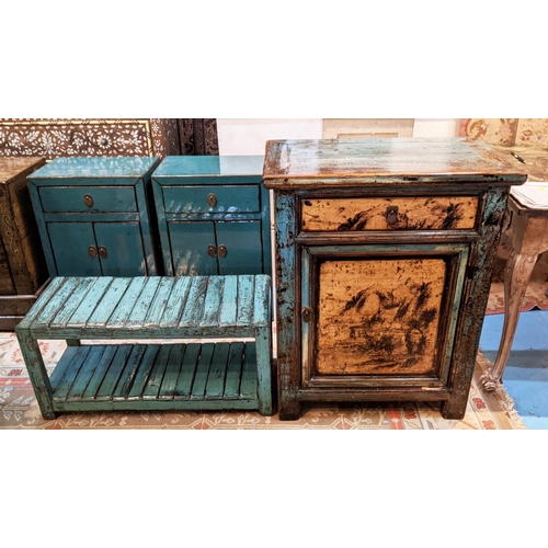 208 - DISTRESSED BLUE CHINESE SIDE CABINET, 69cm W x 89cm H x 40cm D, lacquer with door and a blue low ben... 