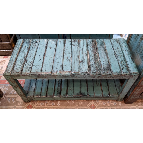 208 - DISTRESSED BLUE CHINESE SIDE CABINET, 69cm W x 89cm H x 40cm D, lacquer with door and a blue low ben... 