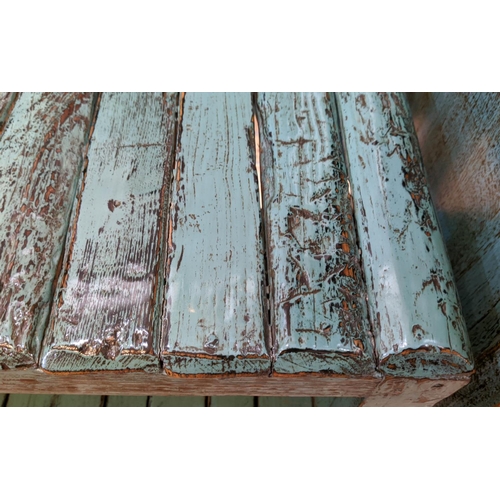 208 - DISTRESSED BLUE CHINESE SIDE CABINET, 69cm W x 89cm H x 40cm D, lacquer with door and a blue low ben... 