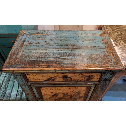 208 - DISTRESSED BLUE CHINESE SIDE CABINET, 69cm W x 89cm H x 40cm D, lacquer with door and a blue low ben... 