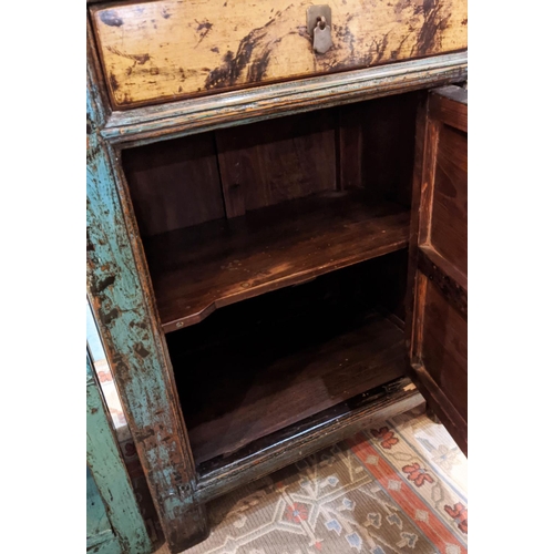 208 - DISTRESSED BLUE CHINESE SIDE CABINET, 69cm W x 89cm H x 40cm D, lacquer with door and a blue low ben... 