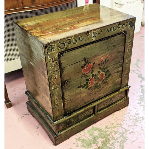 209 - PAIR OF BEDSIDE CABINETS, each 60cm W x 38cm D x 69cm H, Chinese lacquer with floral detail to doors... 