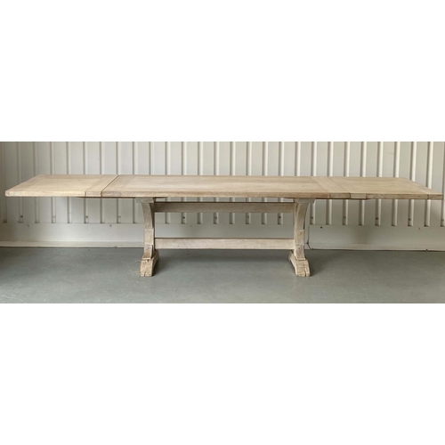 218 - FARMHOUSE HARVEST TABLE, substantial limed oak with thick planked and cleated top raised upon twin '... 