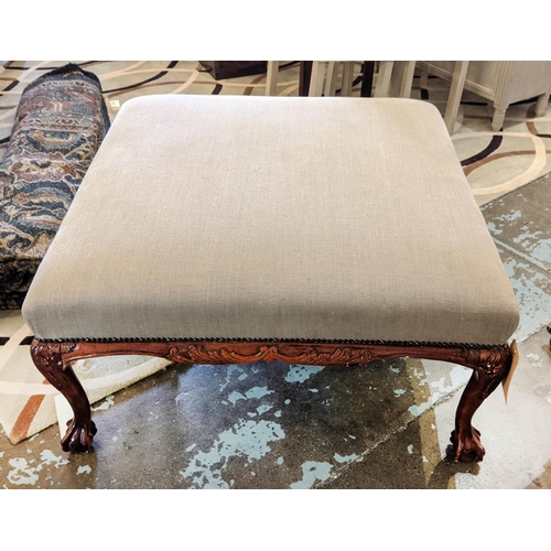 238 - HEARTH STOOL, 95cm W x 49cm H x 95cm D with grey linen upholstery the mahogany showframe with foliat... 