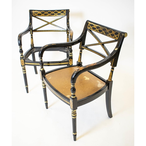 253 - DINING ARMCHAIRS, 86cm H x 55cm W, a set of eight, Regency style ebonised and gilt decorated with ha... 