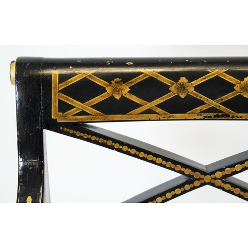 253 - DINING ARMCHAIRS, 86cm H x 55cm W, a set of eight, Regency style ebonised and gilt decorated with ha... 