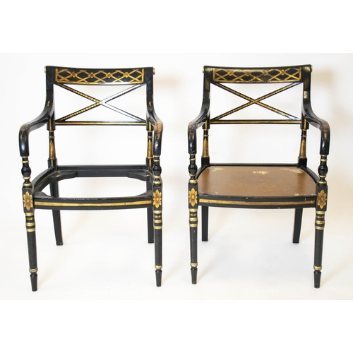 253 - DINING ARMCHAIRS, 86cm H x 55cm W, a set of eight, Regency style ebonised and gilt decorated with ha... 