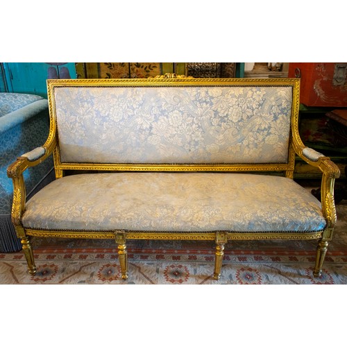 254 - CANAPE, 104cm H x 164cm W, Louis XVI style giltwood in blue upholstery.