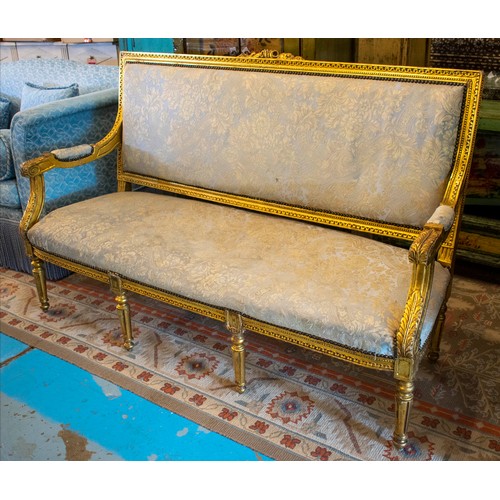 254 - CANAPE, 104cm H x 164cm W, Louis XVI style giltwood in blue upholstery.