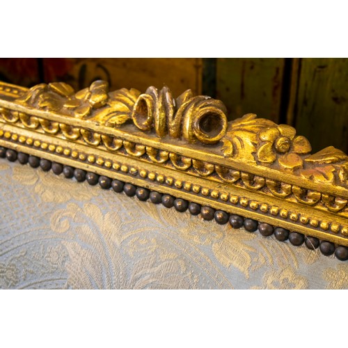 254 - CANAPE, 104cm H x 164cm W, Louis XVI style giltwood in blue upholstery.