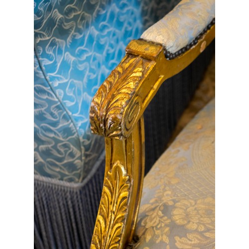 254 - CANAPE, 104cm H x 164cm W, Louis XVI style giltwood in blue upholstery.