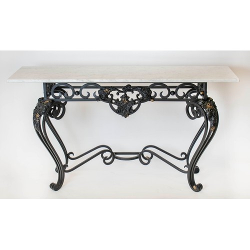 255 - CONSOLE TABLE, 77cm H x 140cm W x 40cm D, French iron with white marble top.