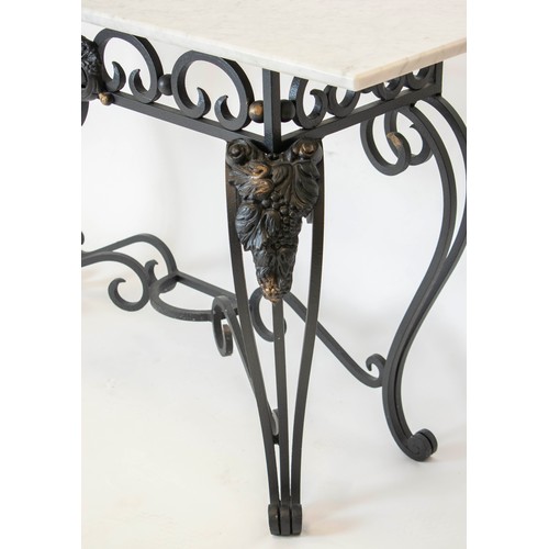 255 - CONSOLE TABLE, 77cm H x 140cm W x 40cm D, French iron with white marble top.