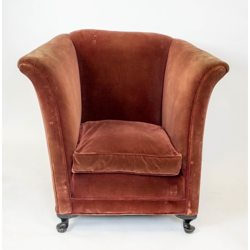 263 - ARMCHAIR, 86cm H 96cm x 83cm D, Edwardian ebonised in old burgundy velvet.