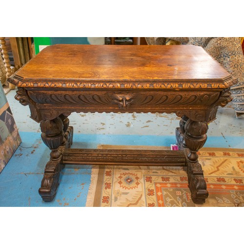 269 - CENTRE WRITING TABLE, 75cm H x 106cm W x 77cm D, late 19th century oak with single drawer and all ov... 