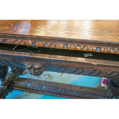 269 - CENTRE WRITING TABLE, 75cm H x 106cm W x 77cm D, late 19th century oak with single drawer and all ov... 