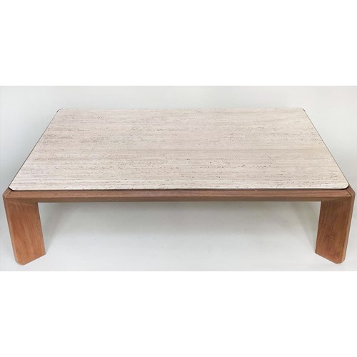 276 - LOW TABLE, 1960's Italian, rectangular travertine top raised on teak slab support, 140cm x 93cm x 39... 