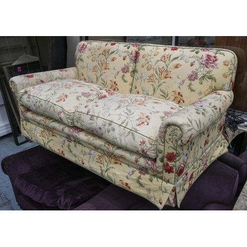 281 - SOFA, 85cm H x 176cm W x 94cm D, Colefax and Fowler, pale yellow and floral patterned upholstery on ... 