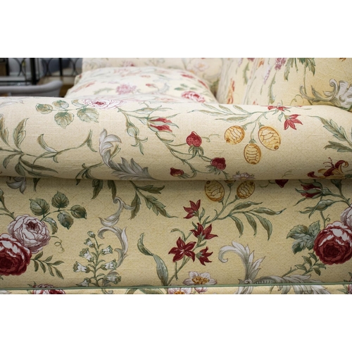 281 - SOFA, 85cm H x 176cm W x 94cm D, Colefax and Fowler, pale yellow and floral patterned upholstery on ... 