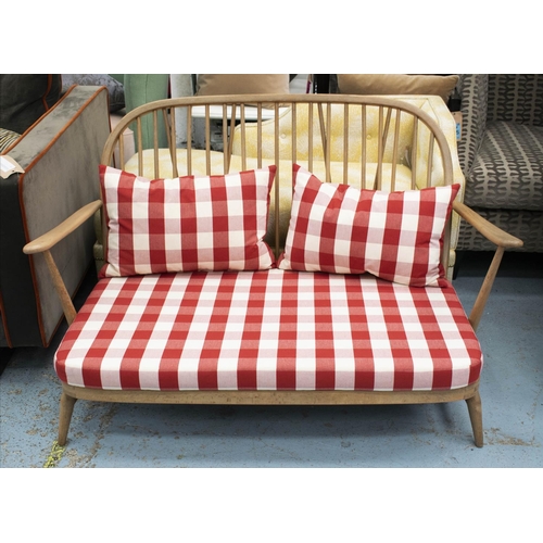 282 - ERCOL SOFA, 77cm H x 133cm W, seat height 31cm, beechwood with red gingham cushions.