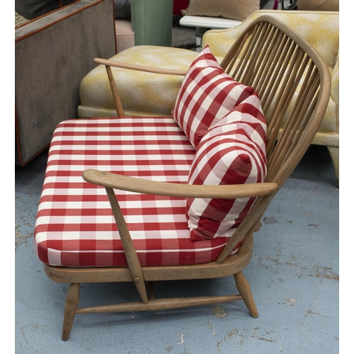 282 - ERCOL SOFA, 77cm H x 133cm W, seat height 31cm, beechwood with red gingham cushions.