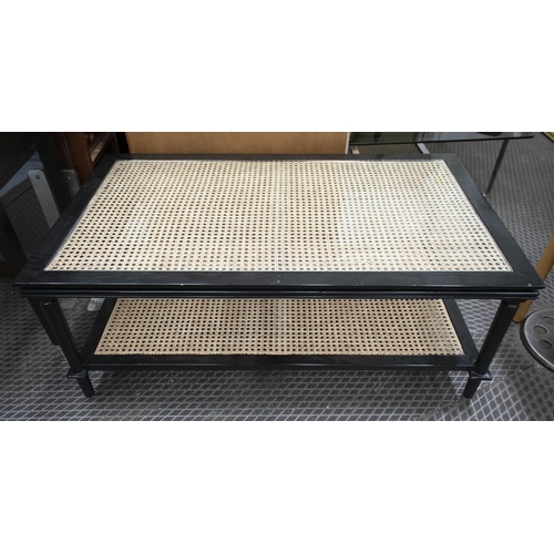 283 - LOW TABLE, 46cm H x 120cm x 70cm, black lacquer of two wicker tiers with inset glass top.