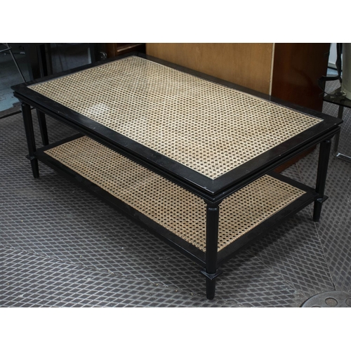 283 - LOW TABLE, 46cm H x 120cm x 70cm, black lacquer of two wicker tiers with inset glass top.